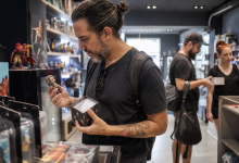 Adultos escolhem brinquedos colecionáveis, cartas e miniaturas em uma loja de varejo