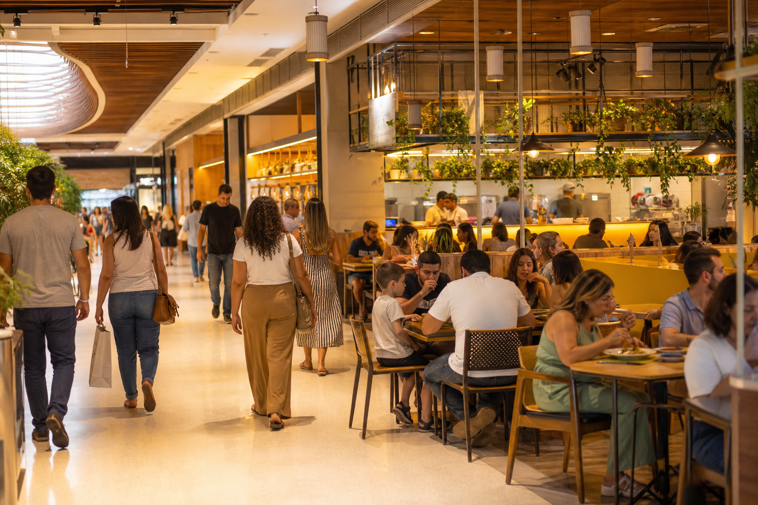 Consumidores circulam por área de restaurantes em shopping center brasileiro.