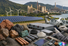 Ilustração editorial de minerais estratégicos, equipamentos tecnológicos e linhas industriais no Brasil