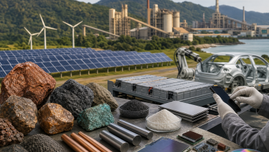 Ilustração editorial de minerais estratégicos, equipamentos tecnológicos e linhas industriais no Brasil