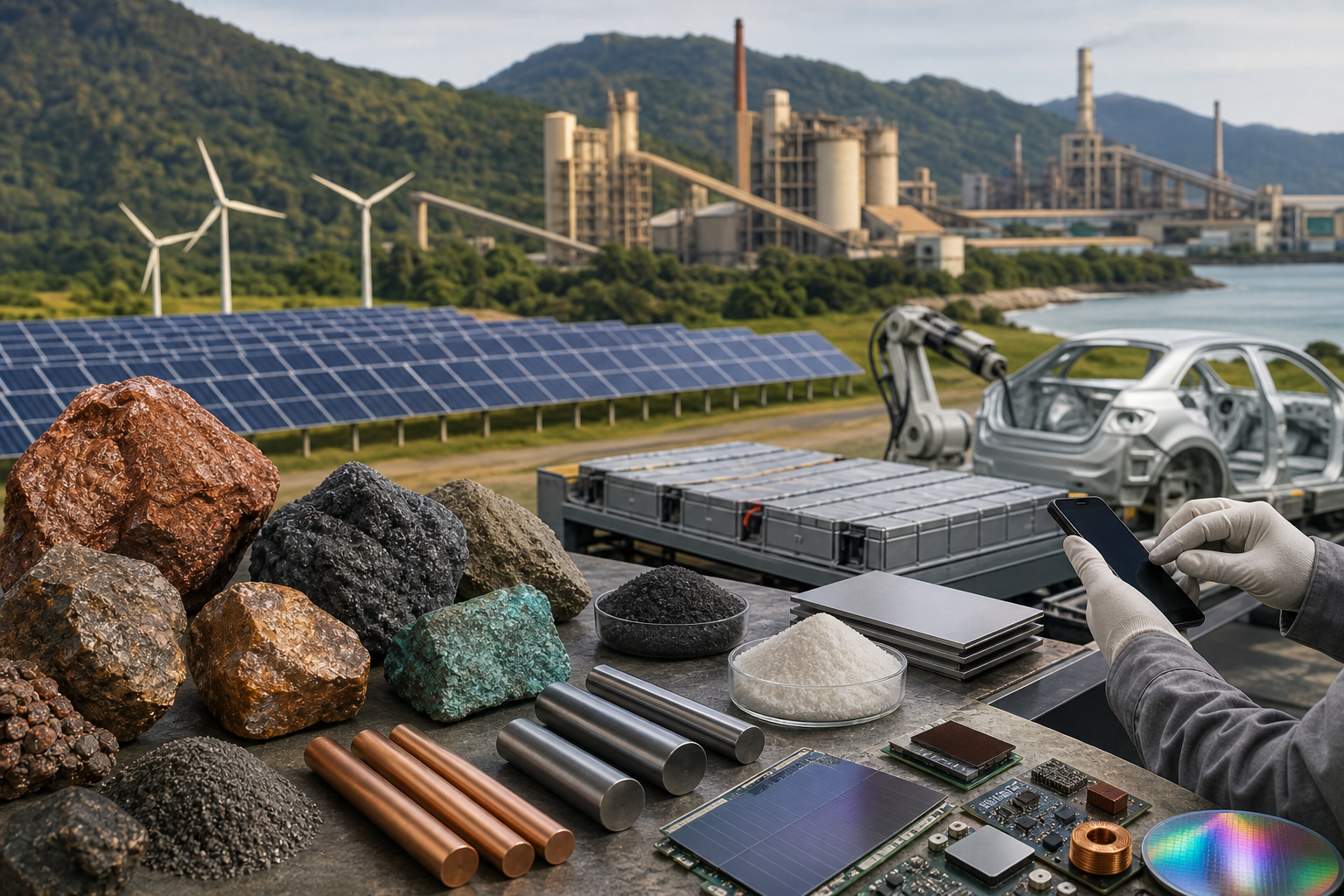 Ilustração editorial de minerais estratégicos, equipamentos tecnológicos e linhas industriais no Brasil