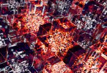 Cubos digitais iluminados por luzes de LED em uma composição abstrata que remete à tecnologia de redes blockchain.