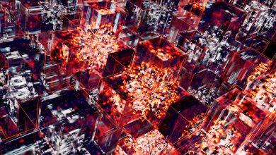 Cubos digitais iluminados por luzes de LED em uma composição abstrata que remete à tecnologia de redes blockchain.