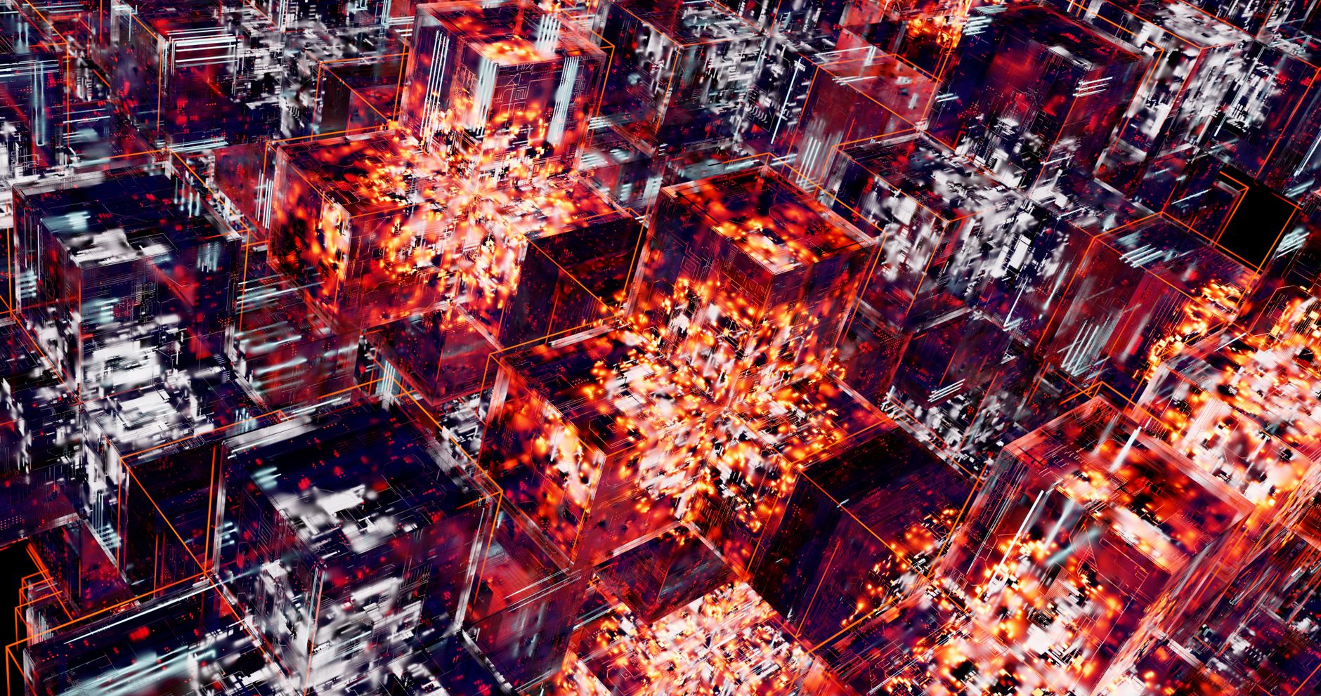 Cubos digitais iluminados por luzes de LED em uma composição abstrata que remete à tecnologia de redes blockchain.